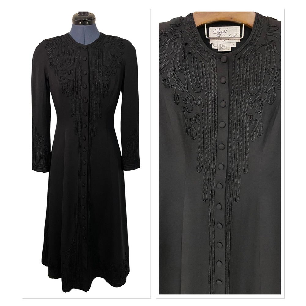 Vtg Sarah Elizabeth Black Soutache Embroidered‎ Button Up Midi Coat Dress Goth 4